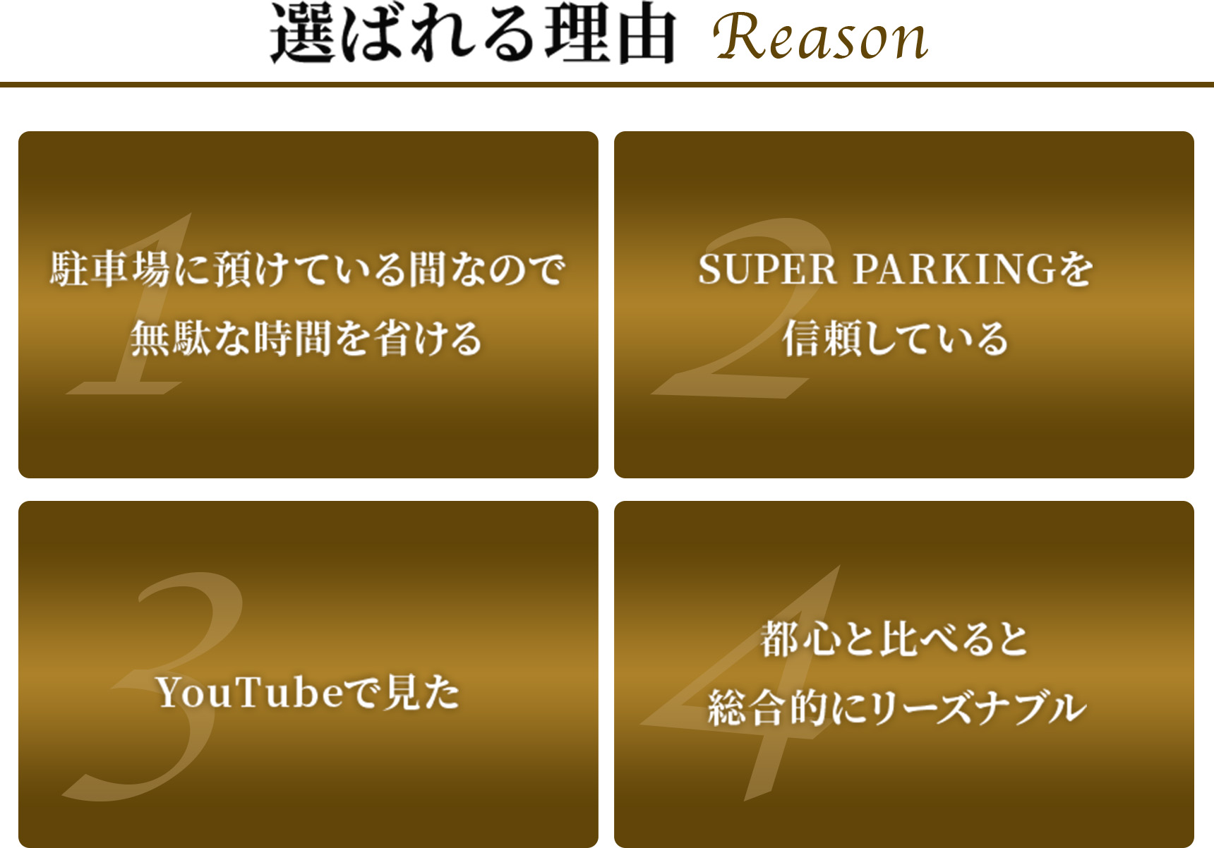 選ばれる理由・駐車場に預けている間なので、無駄な時間を省ける・SUPER PARKINGを信頼している・YouTubeで見た・都心と比べると総合的にリーズナブル
